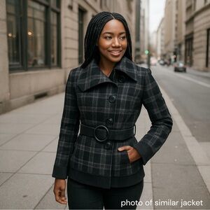 Vintage 2000s Y2K Guess Plaid Jacket Sz M Black Grey Belted Peacoat Wide Collar